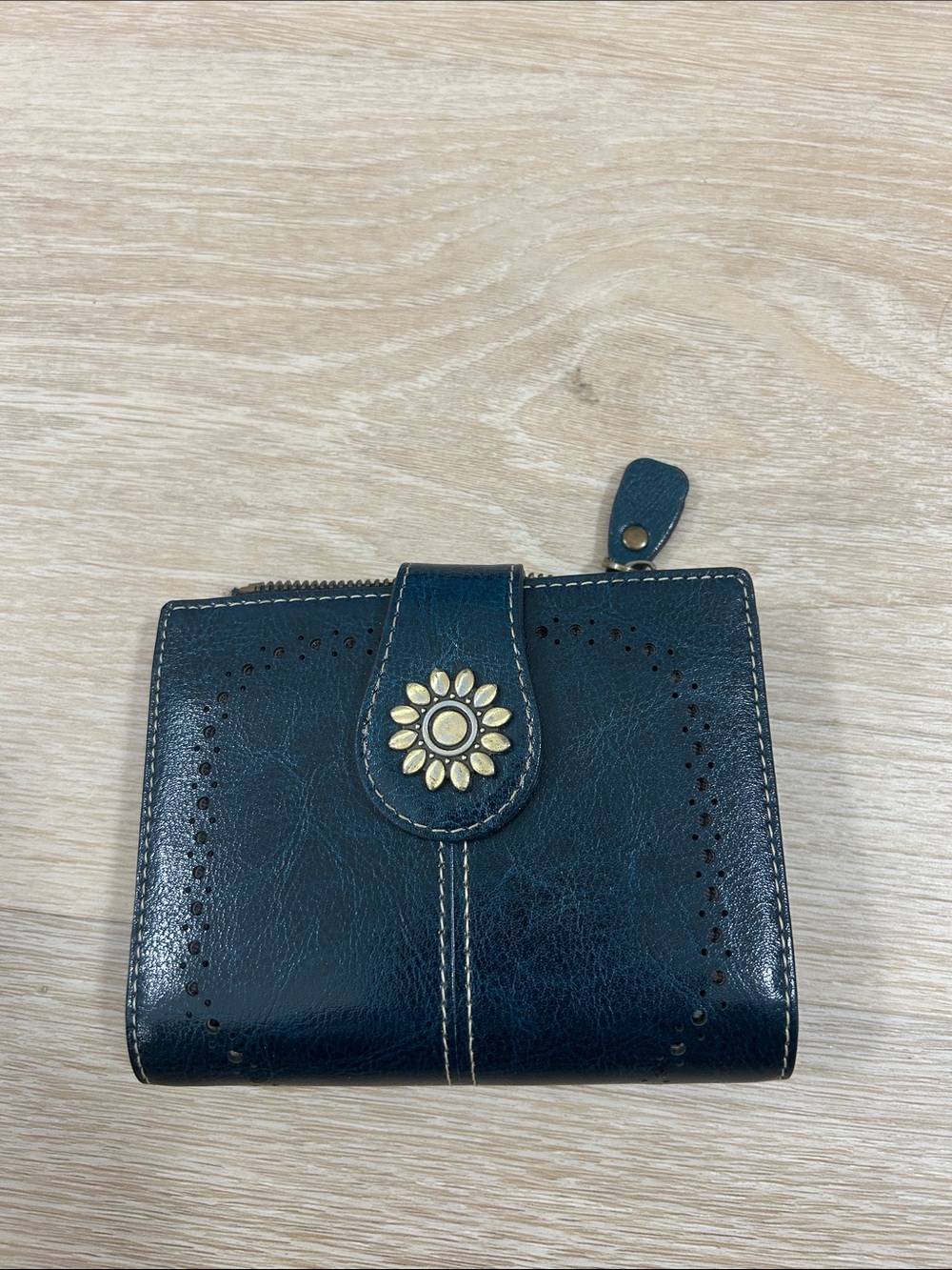 Compact Women's Leather Wallet in Teal with Floral Accent